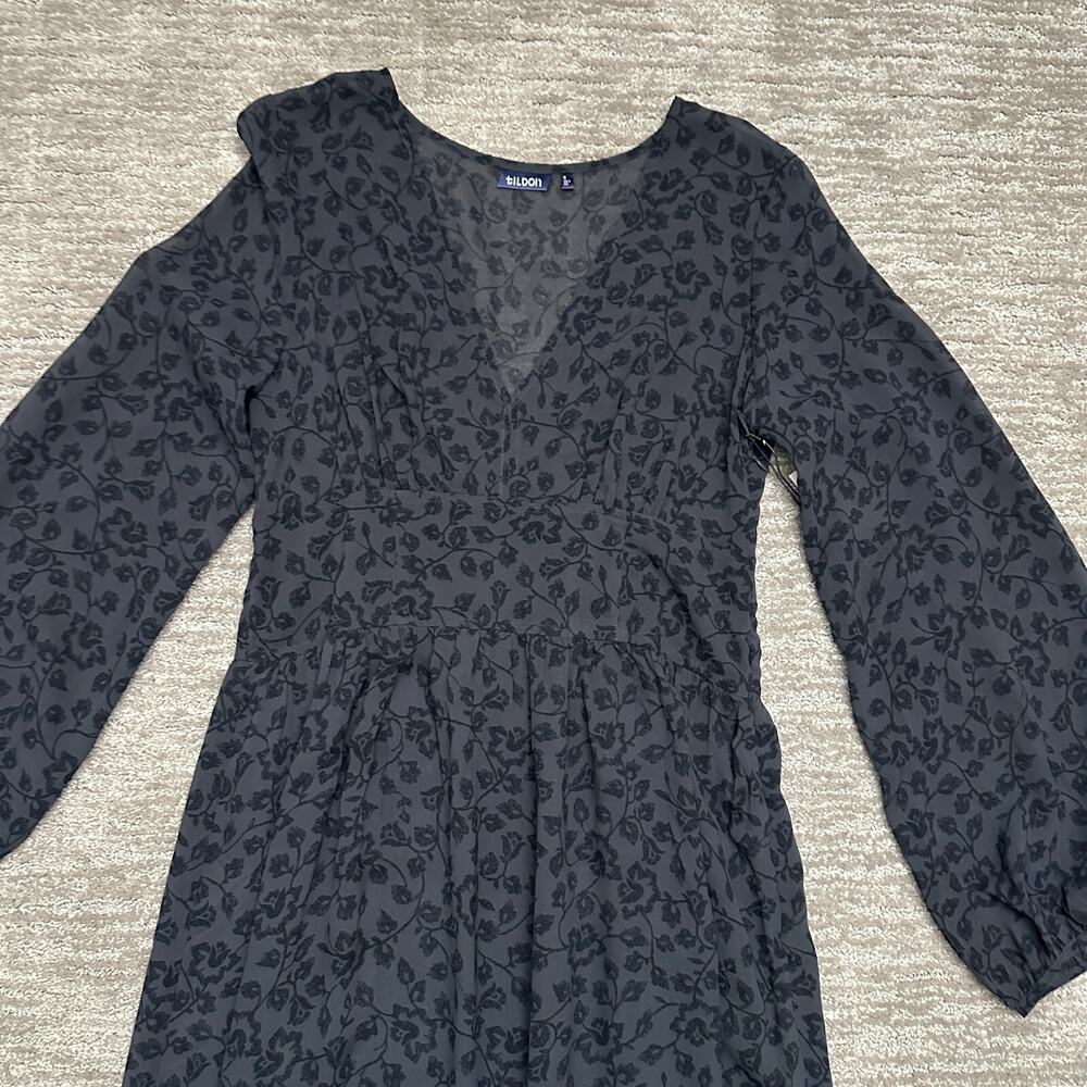 Tildon Dress Womens 12 Black Floral Long Sleeve Maxi V Neck Sheer Bodice - Picture 2 of 15